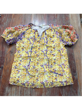 Anthropologie Current Air Floral Puff Sleeve Blouse Yellow Purple Small Whimsy